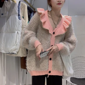 Женский свитер с оборками, однобортный трикотажный кардиган с длинным рукавом, модель 2020 осенние зимние кардиганы в Корейском стиле, 2020