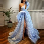 Летние платья светло-голубого цвета с высоким разрезом и кисточками, ТРАПЕЦИЕВИДНОЕ ПЛАТЬЕ на одно плечо для выпускного вечера, вечерние платья для девушек, платья для торжества