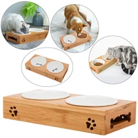 pet ceramic feeding water bowls cat bowls non skid pet feeder bowl pet food bowl with bamboo stand for dogs cats random design