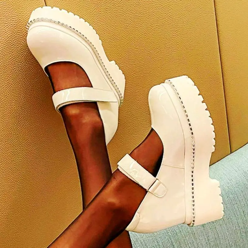 

Mary Janes Women Bright Leather Ankle Boots Platform Shoes Pumps High Heels Oxfords Creepers Buckle Shoes 35 36 37 38 39 40