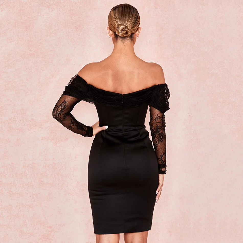 Женское облегающее платье Ailigou черное кружевное с открытыми плечами V образным