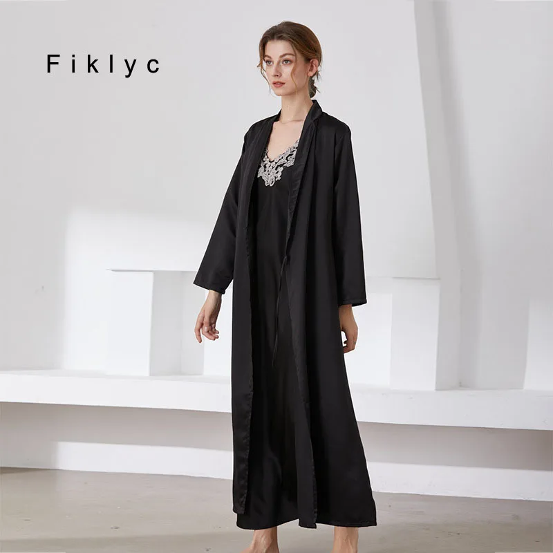 

Новое поступление 2021 года, Осенний длинный стильный атласный халат Fiklyc размера XXL из искусственного шелка, ночная рубашка, 2 предмета, халат, ...
