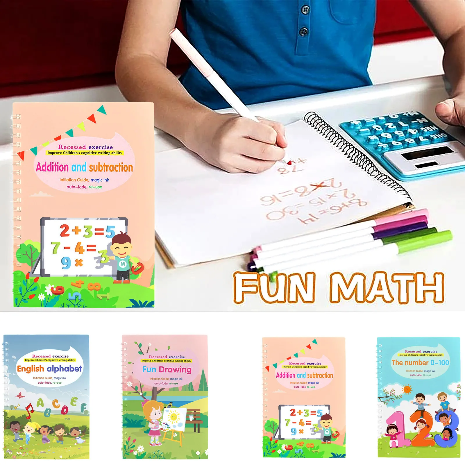 

English Magic Practice Copybook Set Magic Calligraphy That Can Be Reused English Tracing Book Number Tracing Book for Preschool