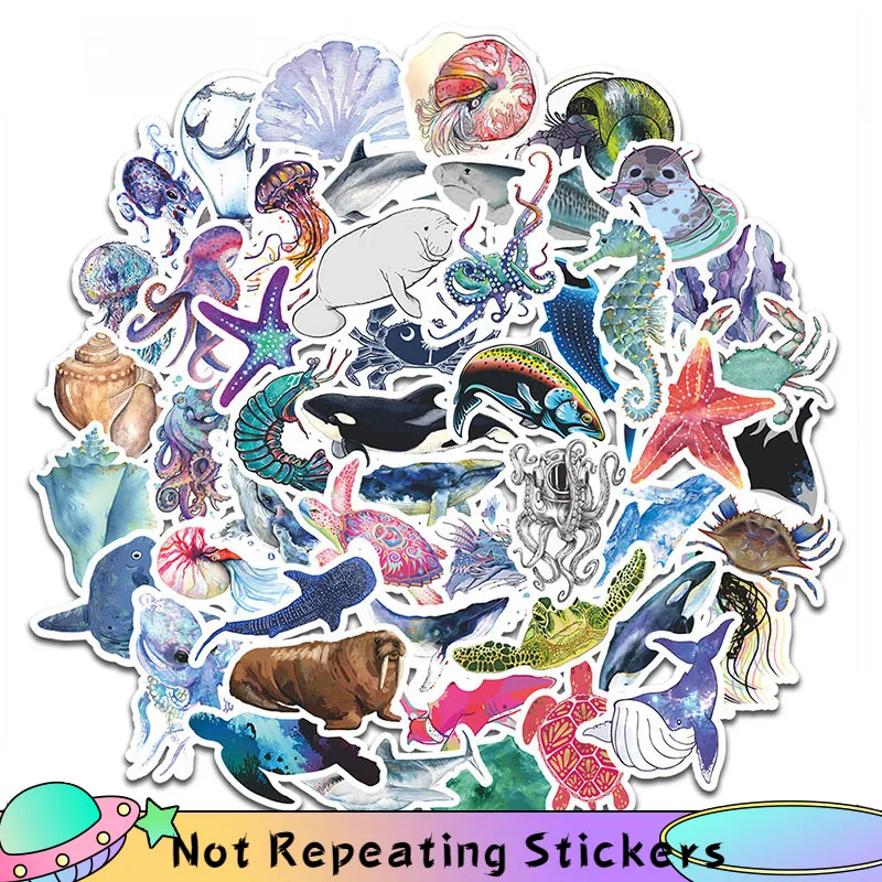 

10/50 PCS/set Sea Fishes Animal Stickers Ocean World Plants Coral Jellyfish Cute Cartoon Waterproof Sticker Kids Scrapbook Decal