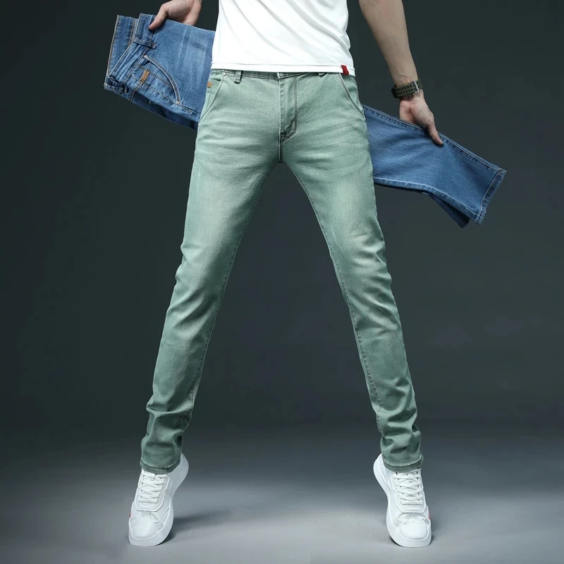 

Джинсы мужские Стрейчевые облегающие, повседневные брюки из денима, 6 цветов, синие, зеленые, черные, хаки, белые