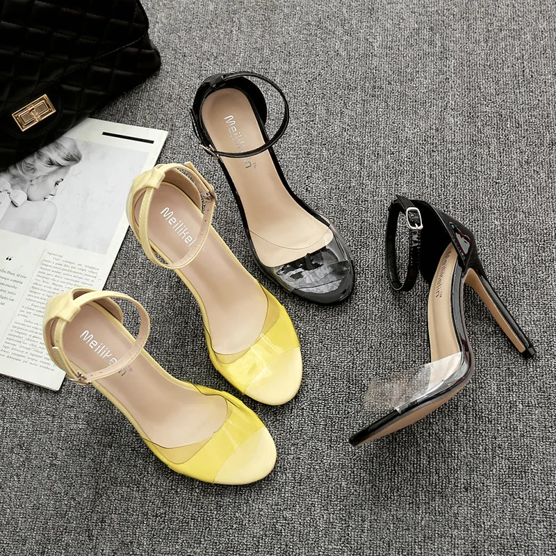 

Plastic Sandal Black Shoes for Women Summer Heels Open Toe Transparent Beige Girls 2021 Fashion High Stiletto Comfort Peep Scand