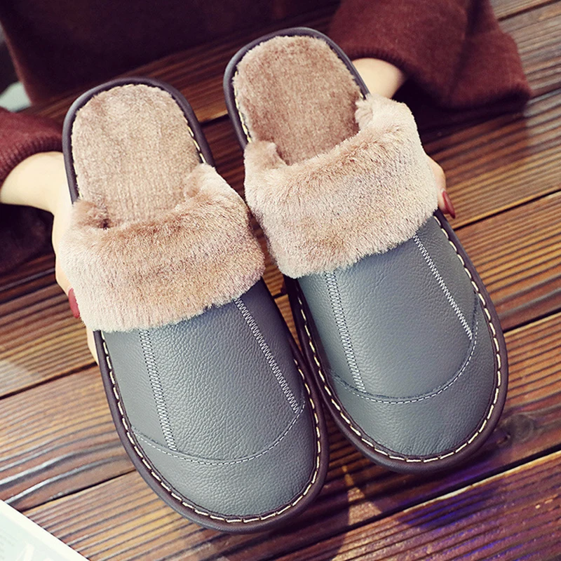 Female Slippers Genuine Leather Women's Slippers for Home Soft Velvet Plush Slippers Indoor Comfy Waterproof  Shoes Woman