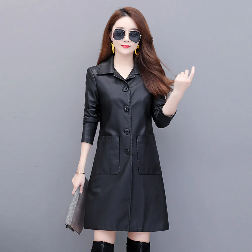 

new Spring Autumn Long Leather jacket women coat PU Faux Leather Women Outwear