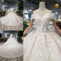 2020 new luxurious boat neck off shoulder wedding dresses ball gown cathedral train lace up back sequined beading bridal dress