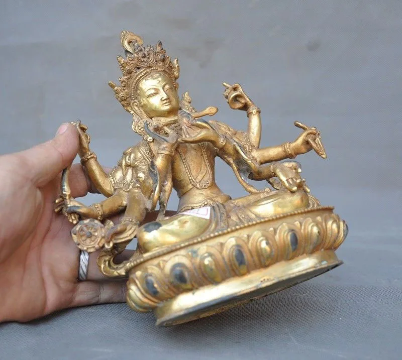 

wedding decoration 8"Tibetan Buddhism temple bronze Gilt 8 arms Tara Kwan-yin goddess Buddha statue