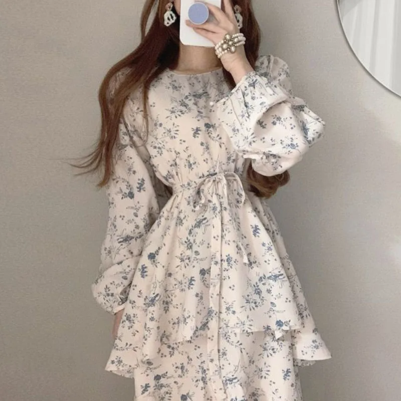 Женское шикарное платье в Корейском стиле шифоновое свободное с круглым вырезом