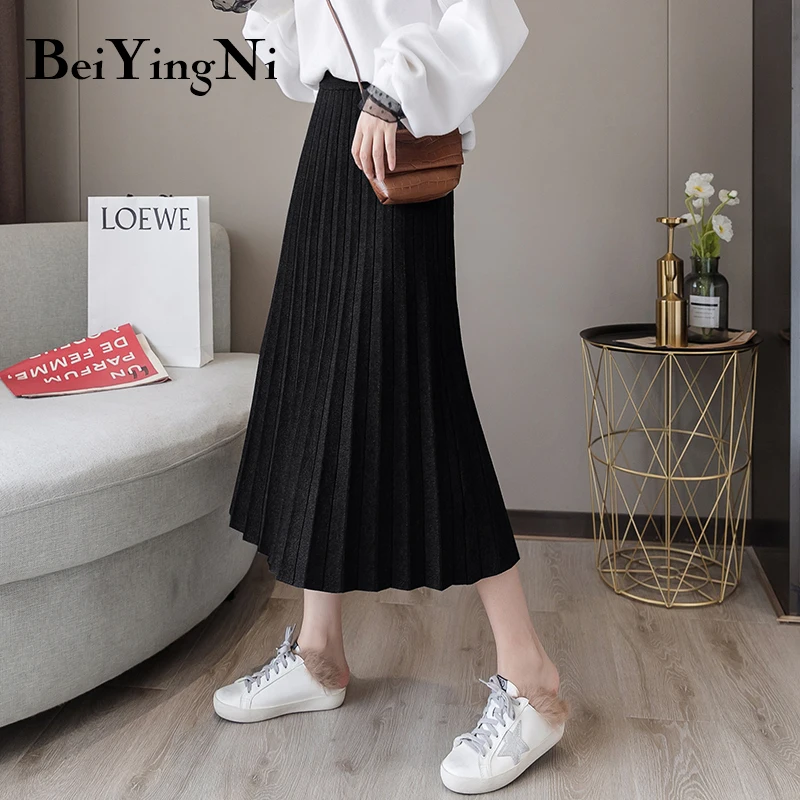 Женская плиссированная юбка Beiyingni теплая винтажная трикотажная миди однотонная