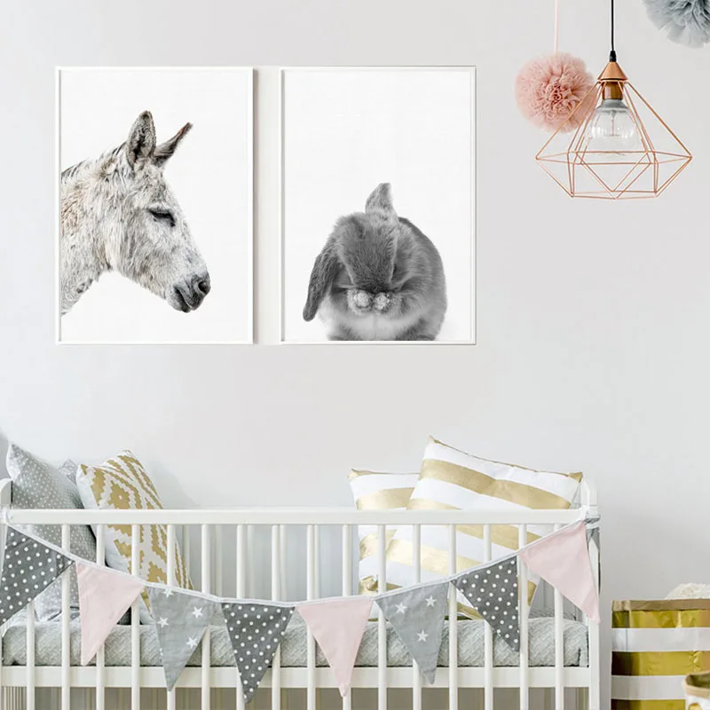 

Black and White Animal Poster Cute Little Bunny Dog Horse Canvas Painting On The Wall Art Pictures for Interior Home Kids Room