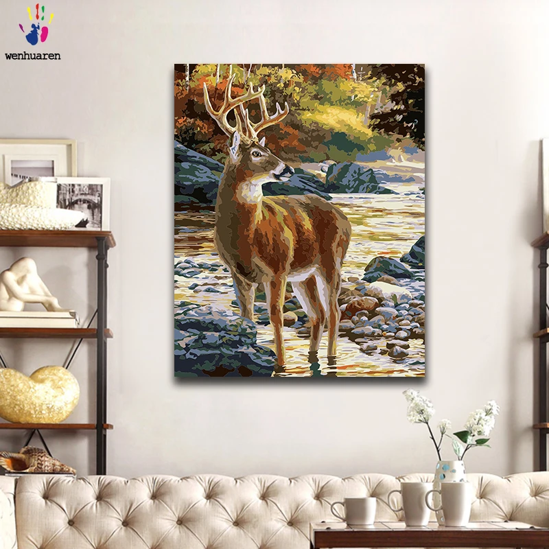 DIY Краска по номерам Sika deer в картины с изображенным лесом комплектами 40x50 рамке -