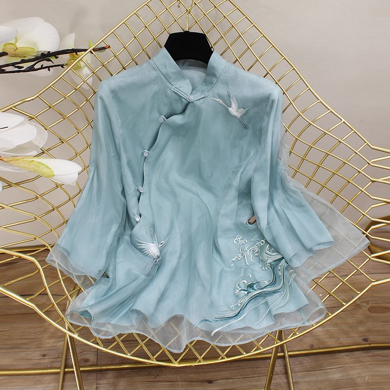 Китайская рубашка, традиционная китайская блузка, qipao Топ, шифон, длинный рукав, женские топы, чонсам, кружевная вышивка, блузка для девушек - Цвет: color2