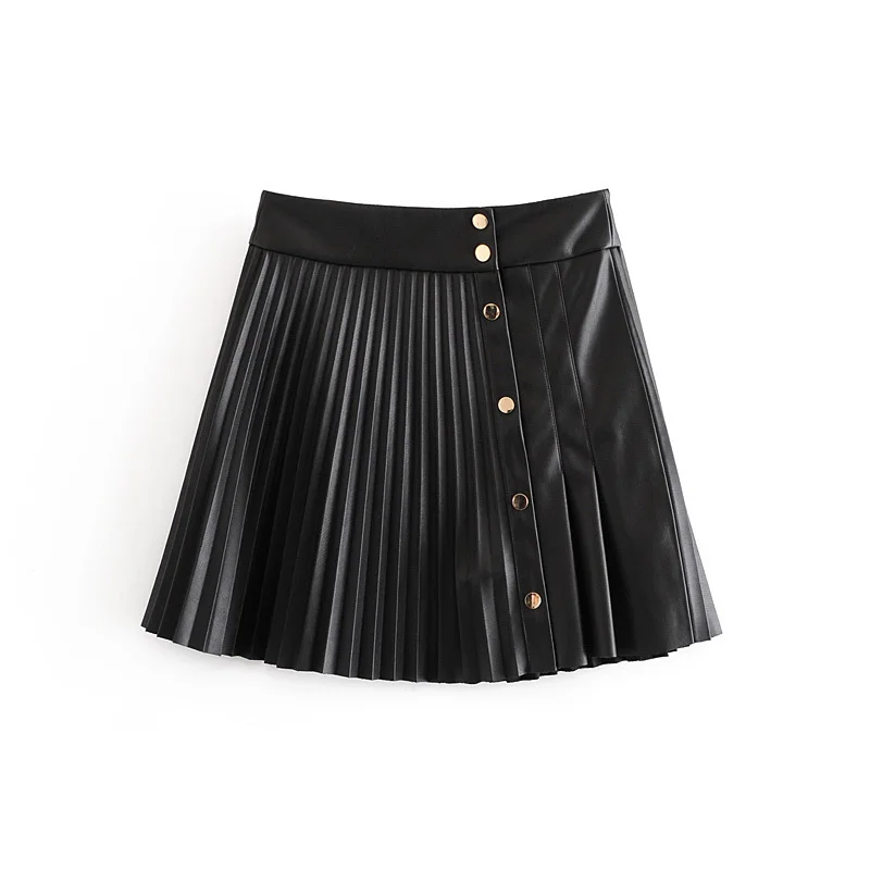 

Summer New Style European And American Style Vogue High Waist Slim-Breasted Faux Leather Pleated Female Mini Skirt