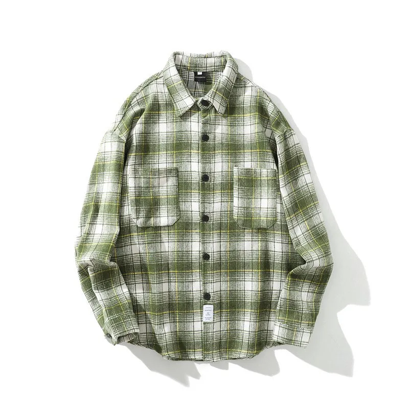 Men Shirt Thick 2021 New Arrival Spring And Autumn Pocket Checkered Loose Stripe Male Shirt Korean Style Green Khaki S132