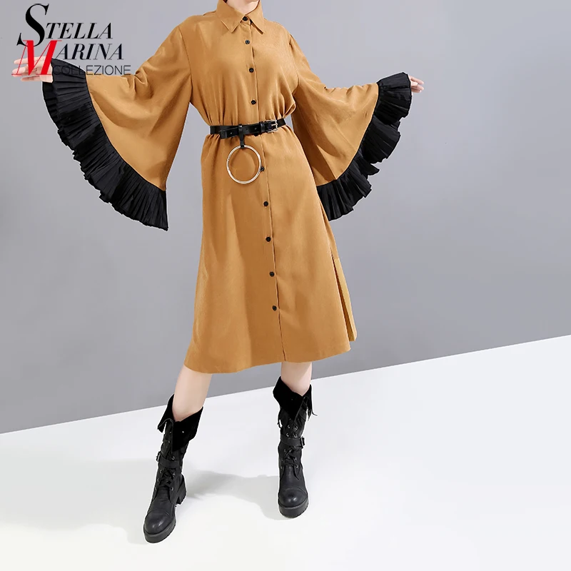 Новинка 2019 Женское зимнее длинное прямое платье рубашка цвета хаки и пояс с