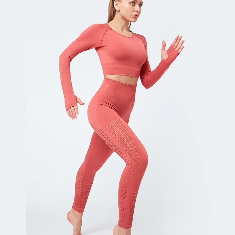 

2PCS Seamless Suit Women Long Sleeve Fitness Shirts&Leggings Women Sportswear Outfits Gym Running Yoga Set Workout Sport Suits