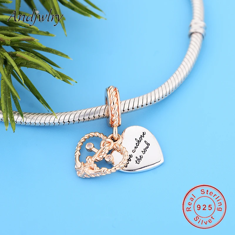 925 пробы Серебряные Оригинальные Подвески Пандора браслет Веревка сердце и Якорь