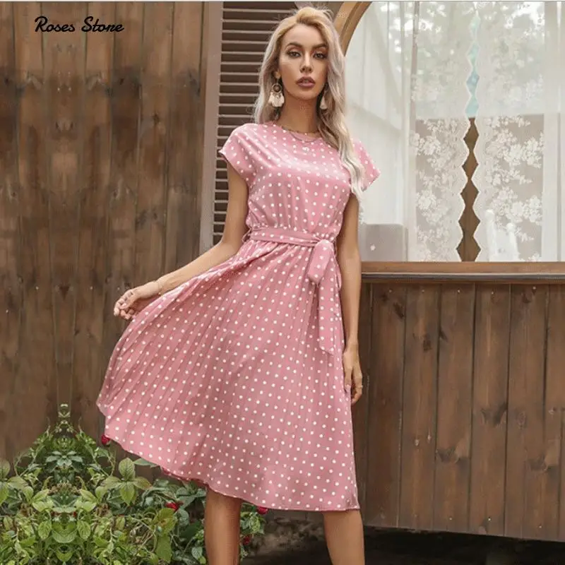 2021 New Summer Polka Dots Sleeveless Pleated Dresses For Women High Waist Midi Elegant Office Green Lady Dinner Party Clothes | Женская