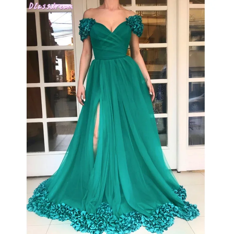 

Dark Green Prom Dress 2020 Off Shoulder Appliques Flower Edg A-line Sweetheart Neck Sweep Train Evening Dress коктейльные платья