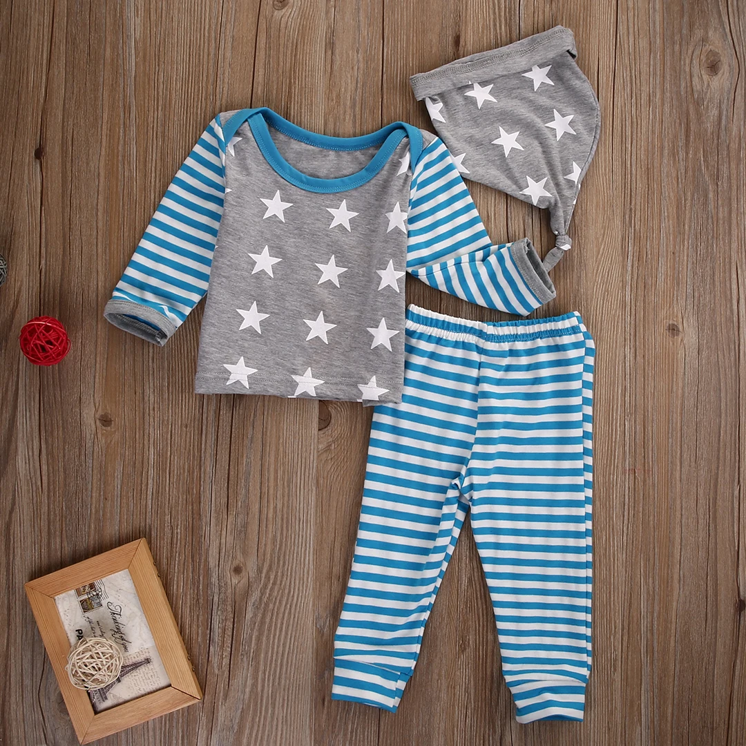 

Star Tops Striped Pants Cotton Cap Autumn 3pcs Newborn Baby Long Sleeve Romper Leggings Warm Casual Boy Girl Clothing 3 -18M