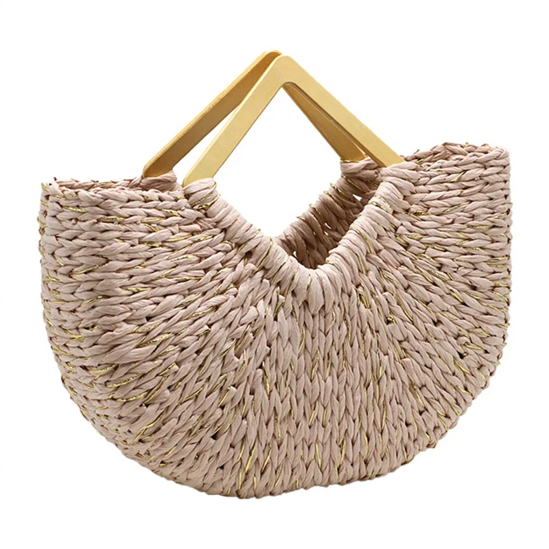 

Square Wooden Handle Half Moon Straw Tote Bag Women Designer Large Capacity Woven Beach Bag Ladies Bohemia Handbag