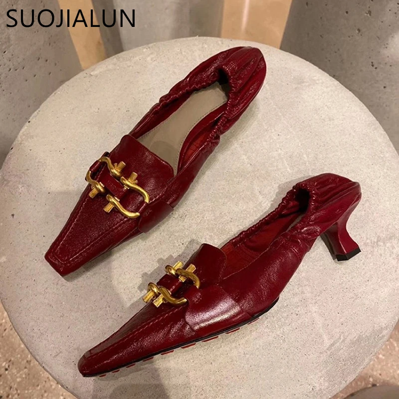 

SUOJIALUN Woman Pump Fashion Brand Buckle Slip On Loafers 5cm Med Heel Point Toe Party Sandals Office Lady Dress Pump Shoes