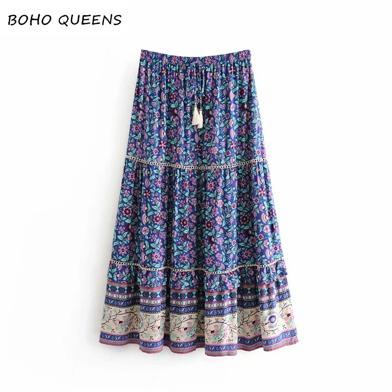 as picture Boho chic хиппи Женская пляжная Цветочная юбка с кисточками богемная юбка с высокой эластичной талией А-силуэт Макси Юбка Femme - Цвет: as picture