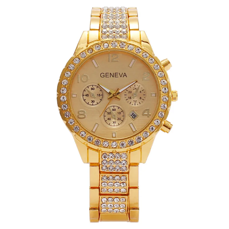 

New Geneva Luxury Women's Watch Business Golden Diamond Waterproof Calendar Digital Three Eyes Ladies Quartz Watch Montre Femme