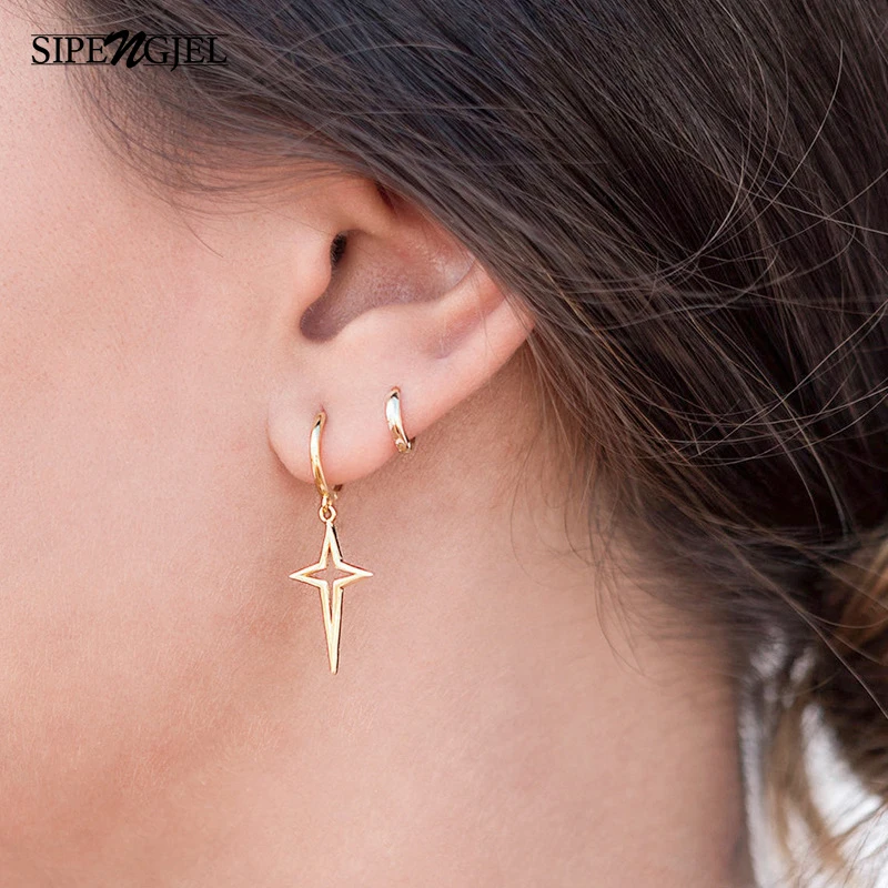 

SIPENGJEL Fashion Glossy Star Shape Earrings Gold And Silver Color Korean Style Small Hoop Earrings For Women Jewelry 2021