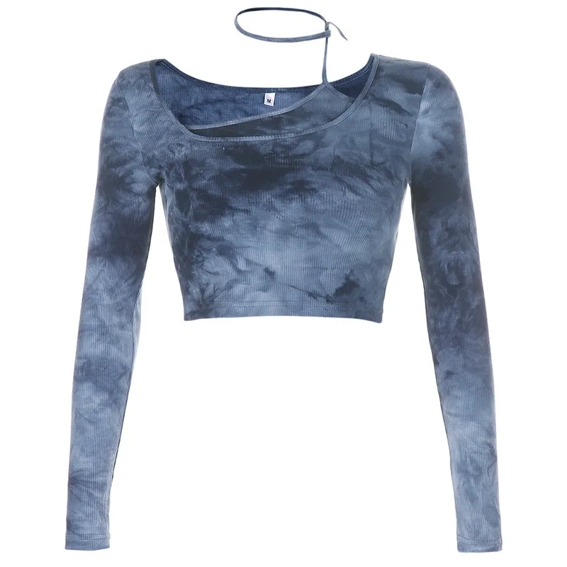 

Autumn Tie Dye Print T Shirt Sexy Halter Long Sleeve Crop Top T Shirts for Women Fitness Streetwear Tops Korean Fashion Clothing
