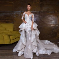 2020 wedding dress with detachable train sheer neck sequins lace applique long sleeve bridal dress luxury mermaid wedding gowns