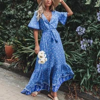 vintage long dress for women women cotton blue floral print summer dresses boho beach sexy v neck short sleeve robe 2020