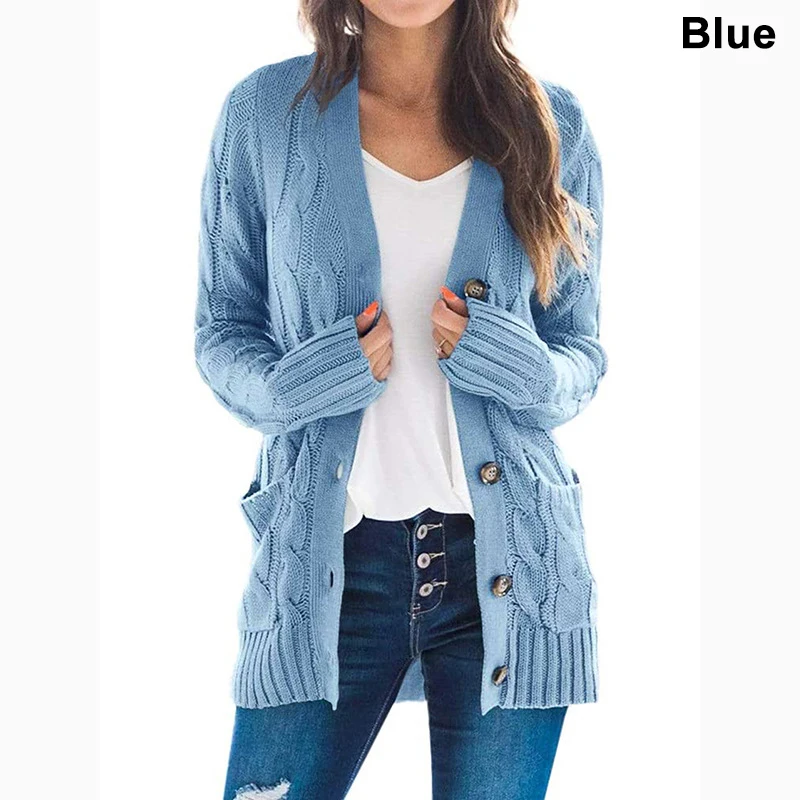 

Women Knitted Cardigan Sweater Autumn Winter V-Neck Button Long Sleeve Sweaters Coat Casual Pockets Solid Femme Knitwear Coat
