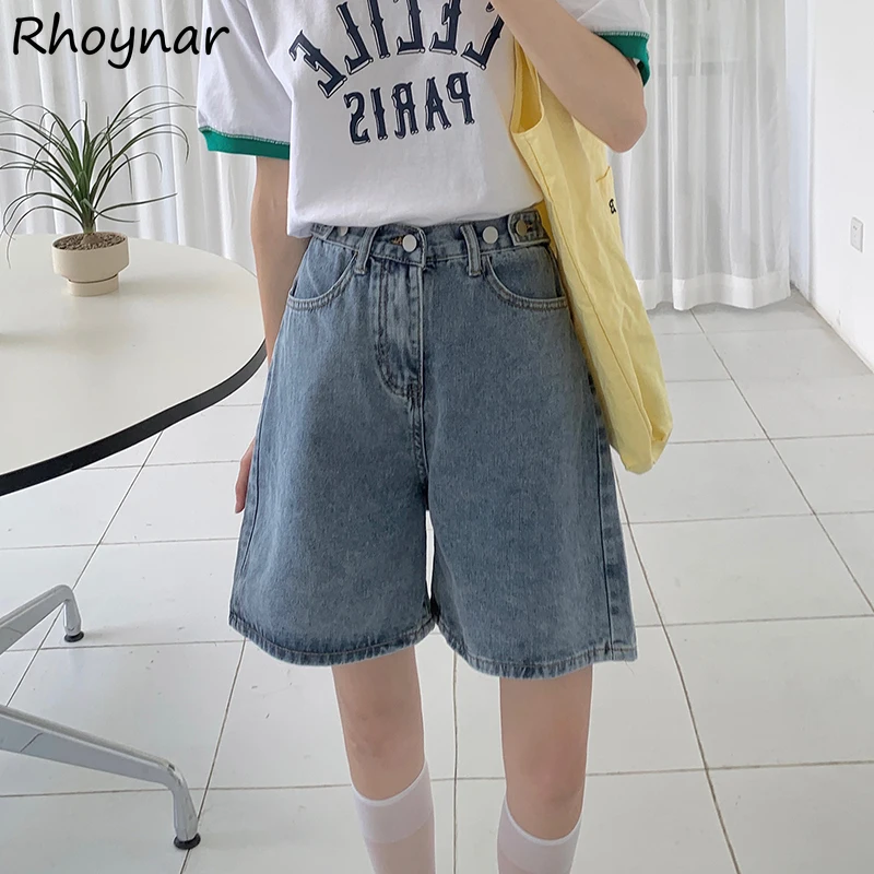 

Shorts Women Vintage Summer Fashion New Leisure All-match Female Streetwear Korean Style High Waist Solid College Denim Wide Leg