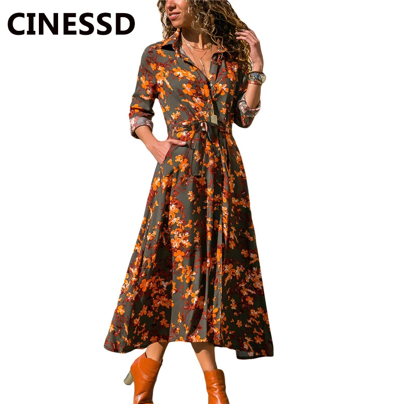 

CINESSD Women Print Casual Dress V Neck Long Sleeves High Waist Lace Up A Line Swing Beach Party Bohemian Long Dress with Pocket