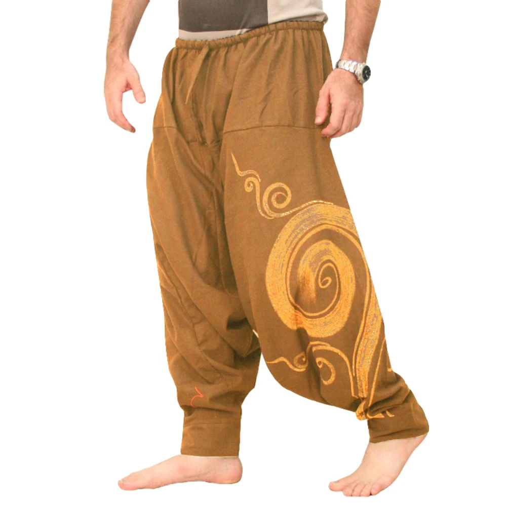 Men Casual Harem Pants Summer Yoga Baggy Aladdin Hippie Spiral Print Trousers