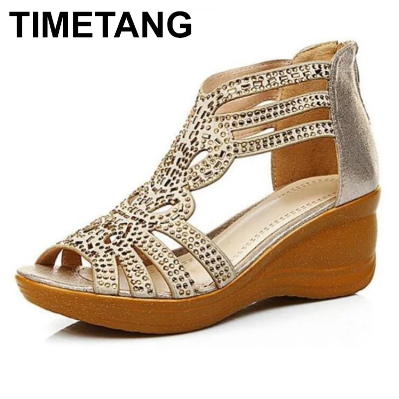 

TIMETANG2020 New Summer Roman Sandals Women Fashion Rhinestone Wedges Casual Sandals Gold Zipper Platform Sandals Women