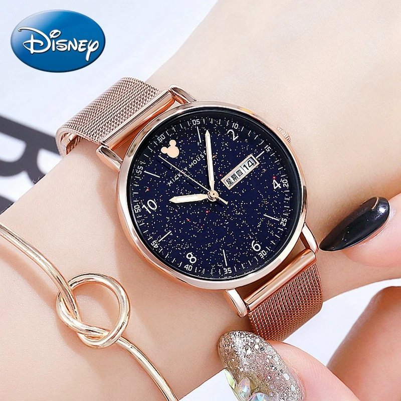 Genuine Disney Trendy Ladies Calendar Watches Woman Leather Wristwatches Female Quartz Steel Band Clock Girls Gift Young Time