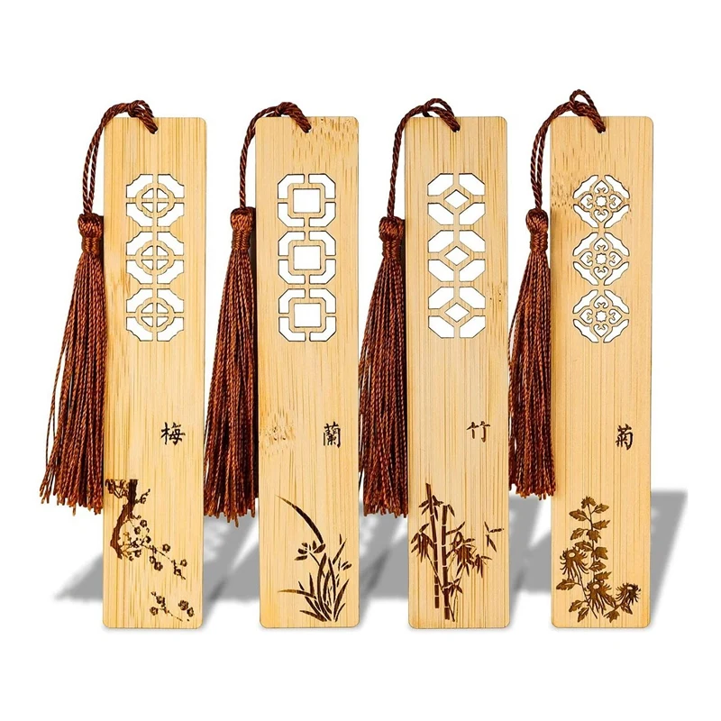 

4 PCS Natural Bamboo Bookmarks with Tassels Retro Hollow Out Square Bookmark for Reading Book Lovers DIY Craft Gift