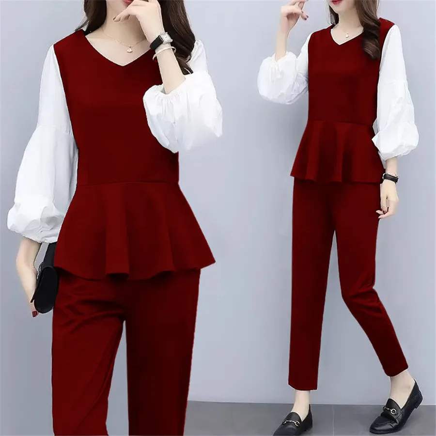 

Женский офисный комплект из двух предметов, L-5XL топ с рукавами-фонариками и штаны, новинка 2019