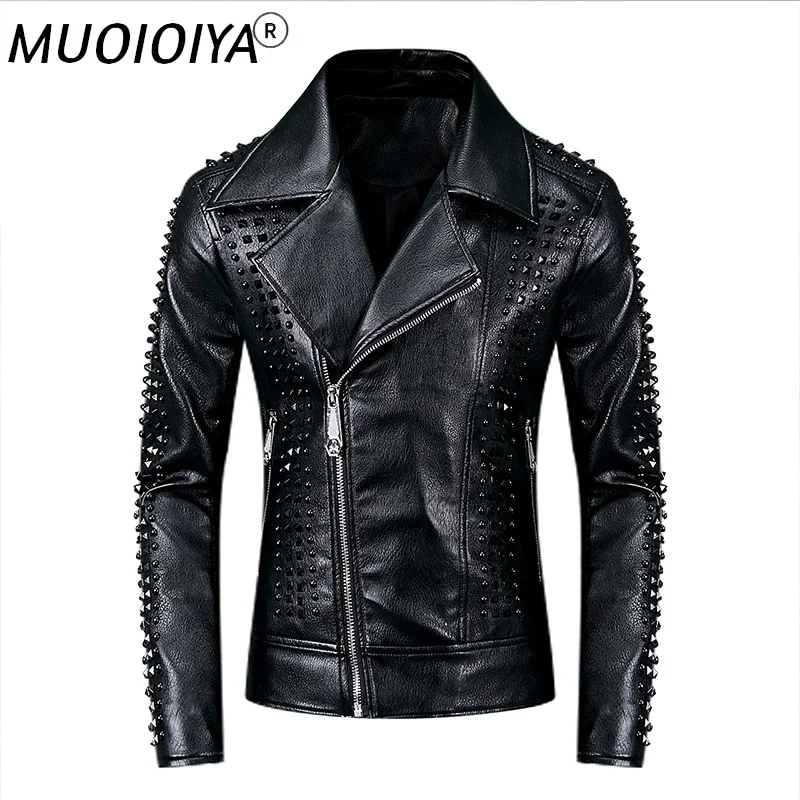 

Мужская кожаная куртка в стиле панк-рок, мотоциклетная приталенная куртка из искусственной кожи с алмазными заклепками, куртка для езды на ...