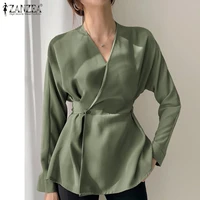 womens 2021 fashion blouses zanzea elegant v neck blusa office lady solid shirts female spring ol drawstring bow tops oversized