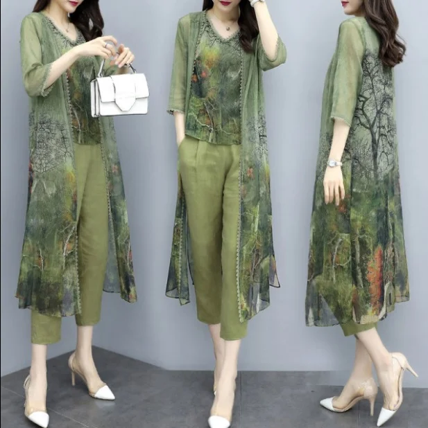 Летнее шифоновое платье зеленого цвета с принтом Комплект из 3 предметов Для