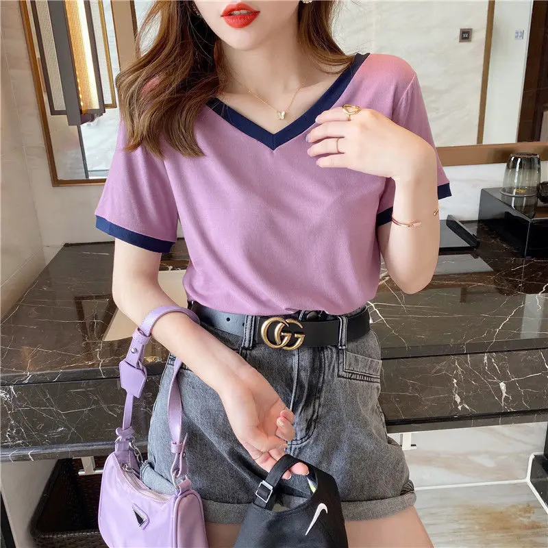 

Cotton V-neck Color Matching Short-Sleeved T-shirt Women's Summer Loose Top Woman Tshirts Tops Mujer Camisetas