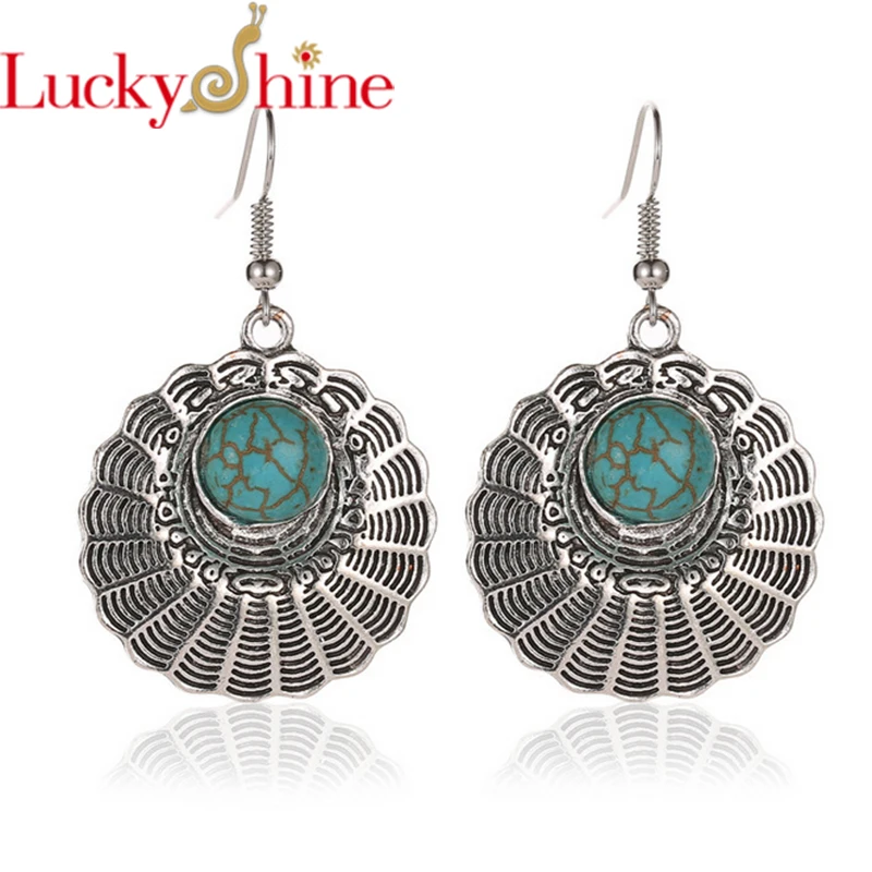 Luckyshien Новые Натуральные бирюзовые серьги в этническом стиле винтажные длинные большие веерные серьги в форме капель для женщин
