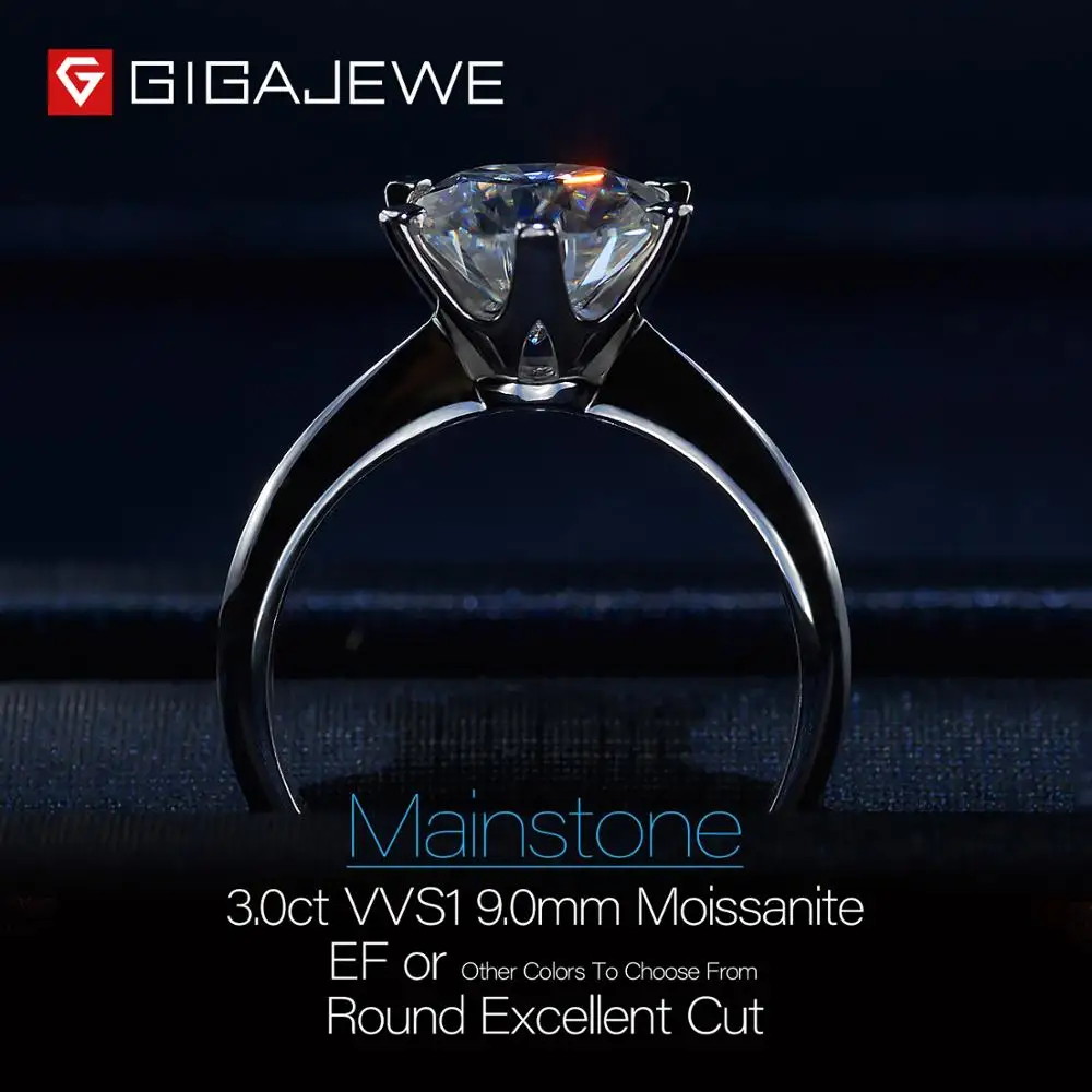 GIGAJEWE 3.0ct 9,0 мм EF Круглый 18 К покрытый белым золотом 925 Серебряное кольцо с муассанитом, Алмазное Проверенное ювелирное изделие, подарок для девушки