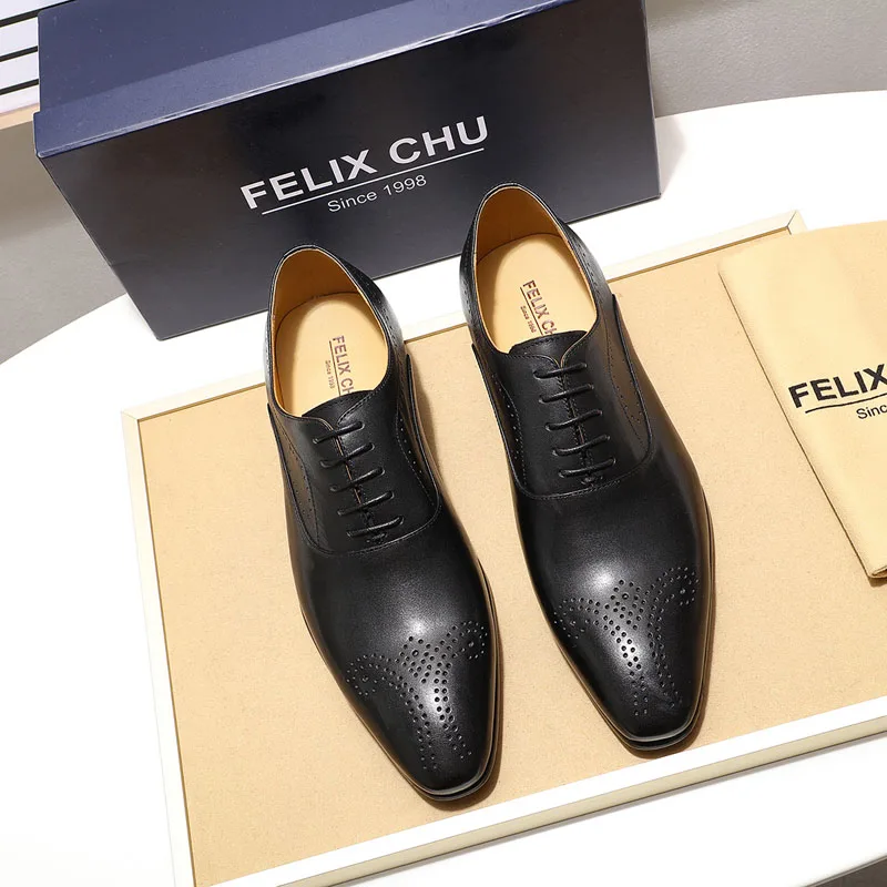 Black FELIX CHU/Мужские модельные туфли; кожаные оксфорды с медальоном; Мужская официальная Обувь На Шнуровке; Мужская обувь в деловом стиле из натуральной кожи; цвет коричневый, черный - Цвет: Black